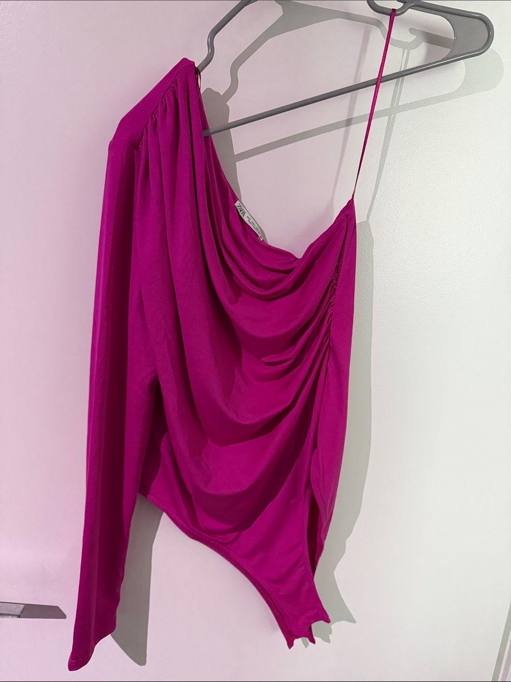 Zara Hot Pink Draped One-Shoulder Bodysuit
